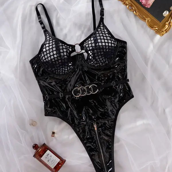 Black patent leather and mesh bodysuit, a stylish sexy leather teddy for modern elegance