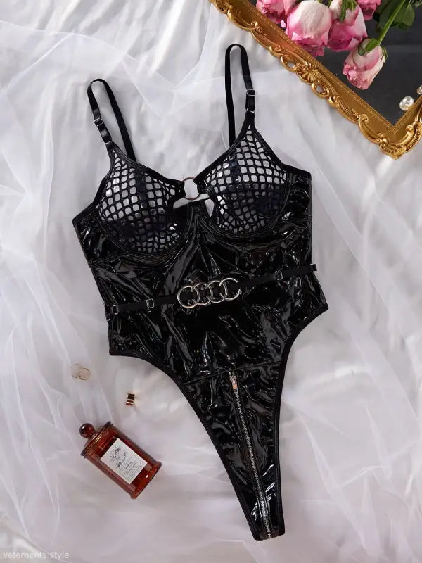 Black patent leather and mesh bodysuit, a stylish sexy leather teddy for modern elegance