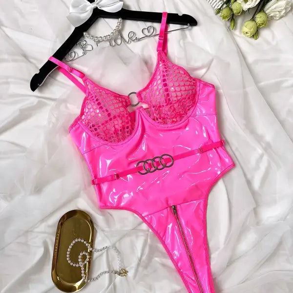 Hot pink shiny bodysuit, a stylish patent leather solid cutout leather teddy