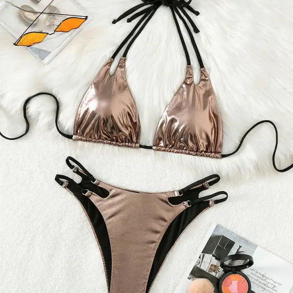 Metallic rose gold bikini with black tie straps and side clasps.