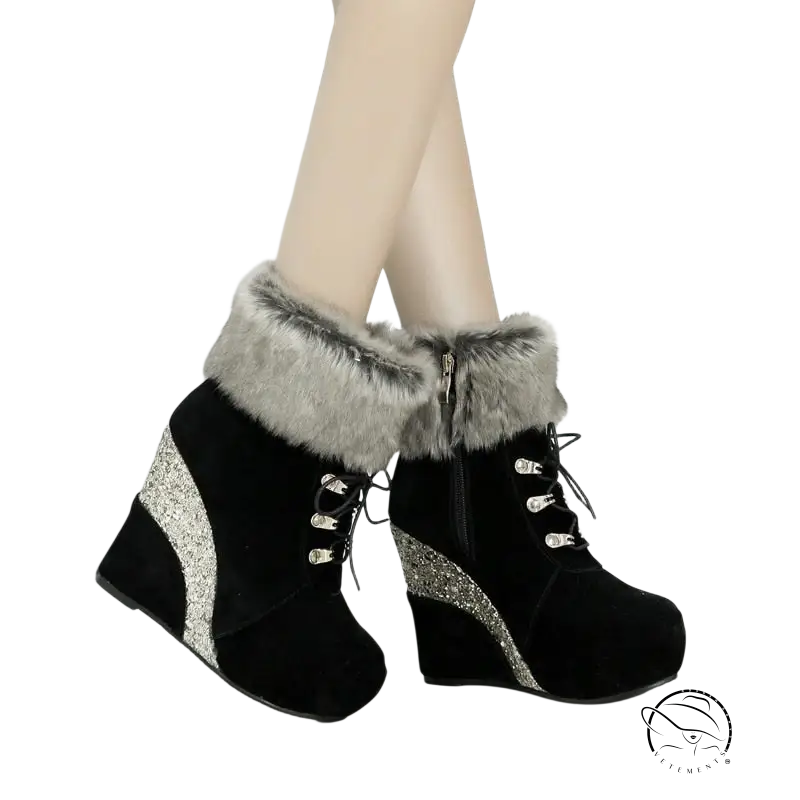 Black suede Russian winter boots with glitter stripes and faux fur cuffs