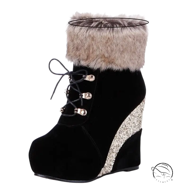 Black velvet Russian winter boots with faux fur cuff and glittery silver panel