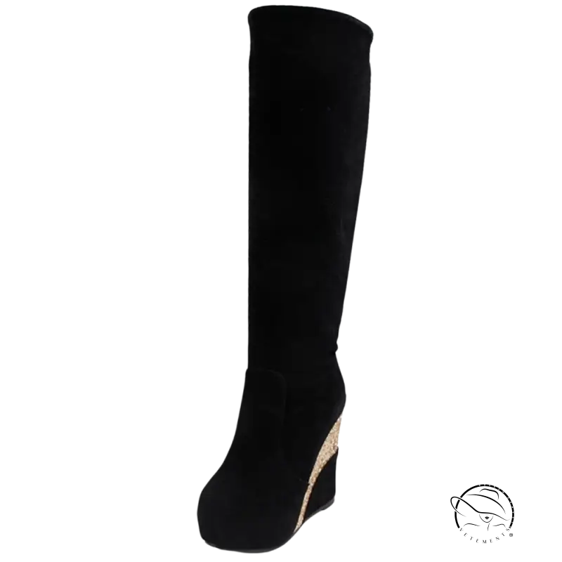 Black suede Russian winter boots with glittery gold wedge heel