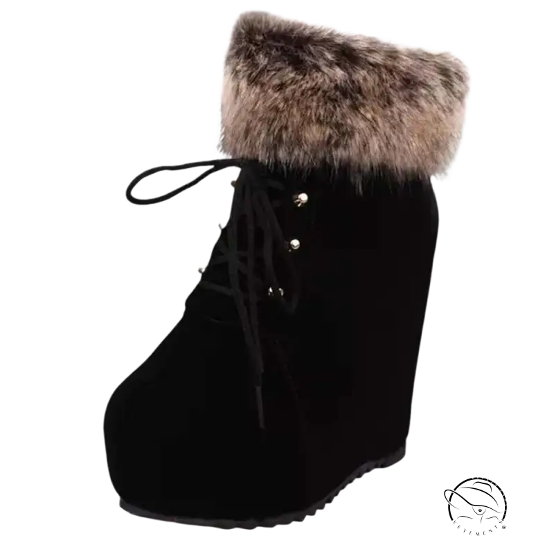 Stylish Russian winter boots with black suede wedge, fluffy faux fur cuff