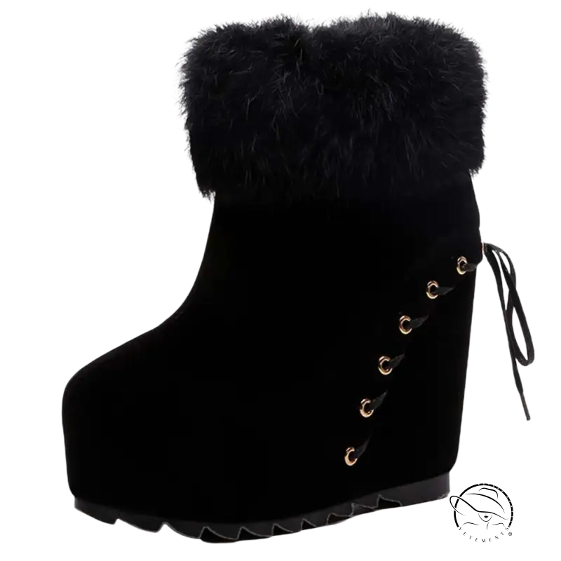 Black velvet Russian winter boots with faux fur cuff and gold eyelets