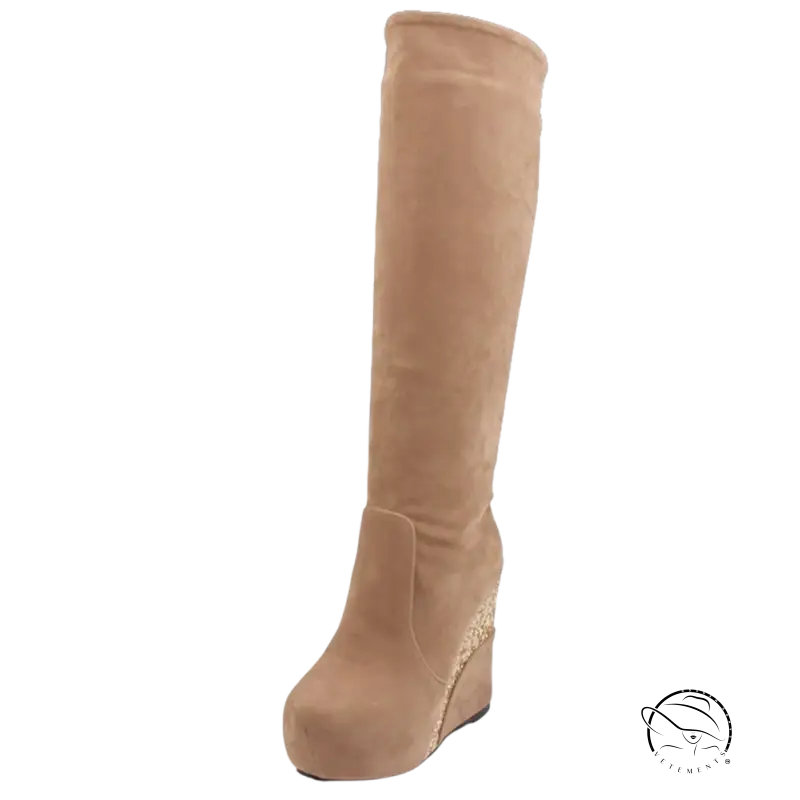 Tan suede Russian winter boots with platform wedge heel and gold embellishments