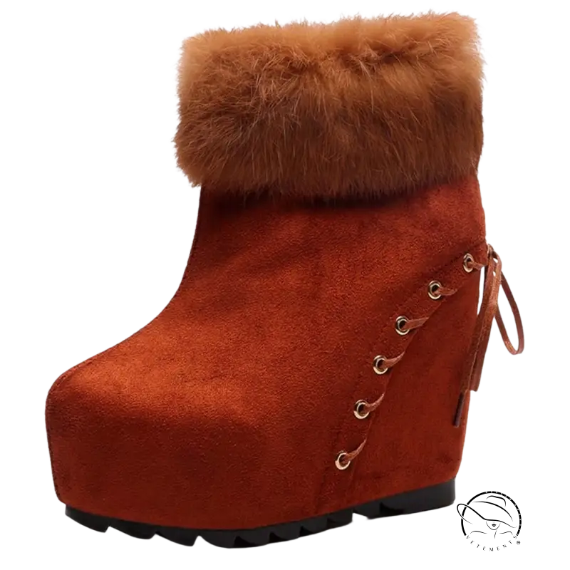 Warm rust-colored suede Russian winter boots with faux fur cuff