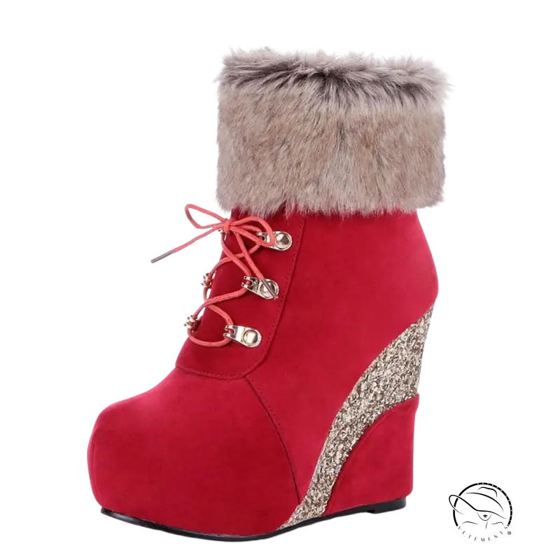 Red suede Russian winter boots with gray faux fur cuff and pink laces