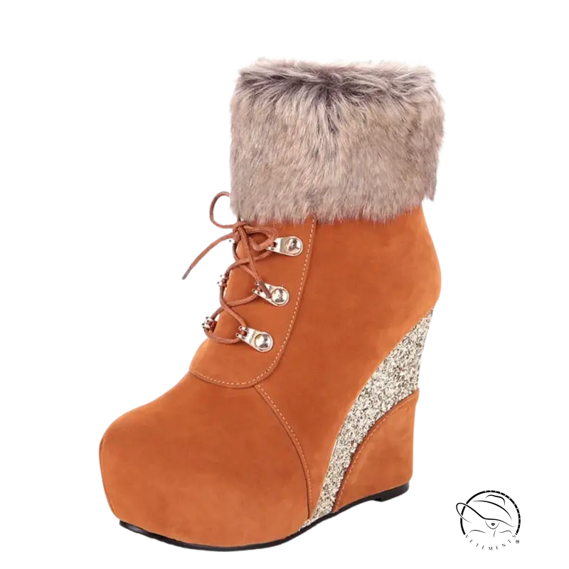 Tan suede Russian winter boots with fuzzy gray fur cuff and silver glitter panel
