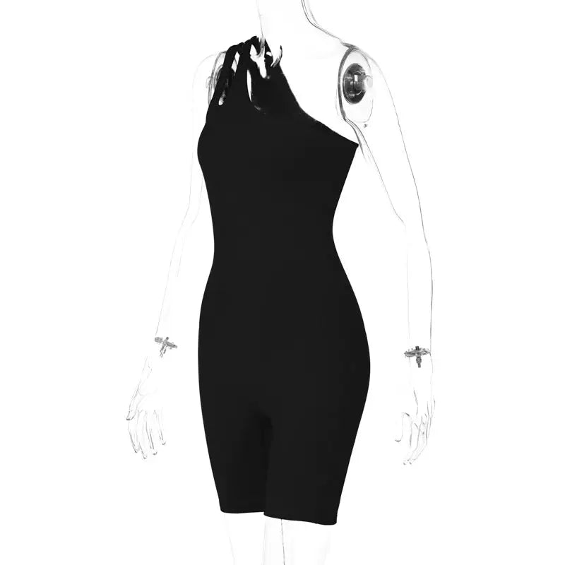 Black one-shoulder romper showcasing shoulder slim fit and perfect fit hip raise for summer yoga
