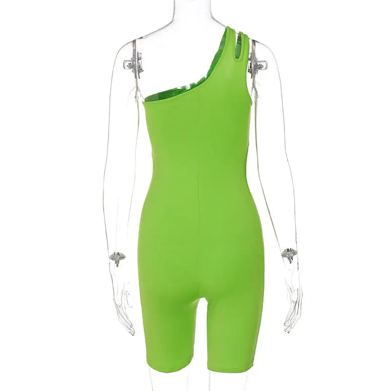 Green one-shoulder romper showcasing slim fit shoulder design ideal for hip raise yoga