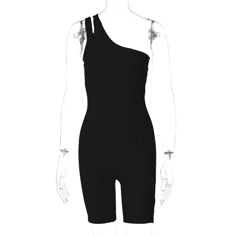 Black one-shoulder romper ideal for summer hip raise yoga and shoulder slim fit workouts