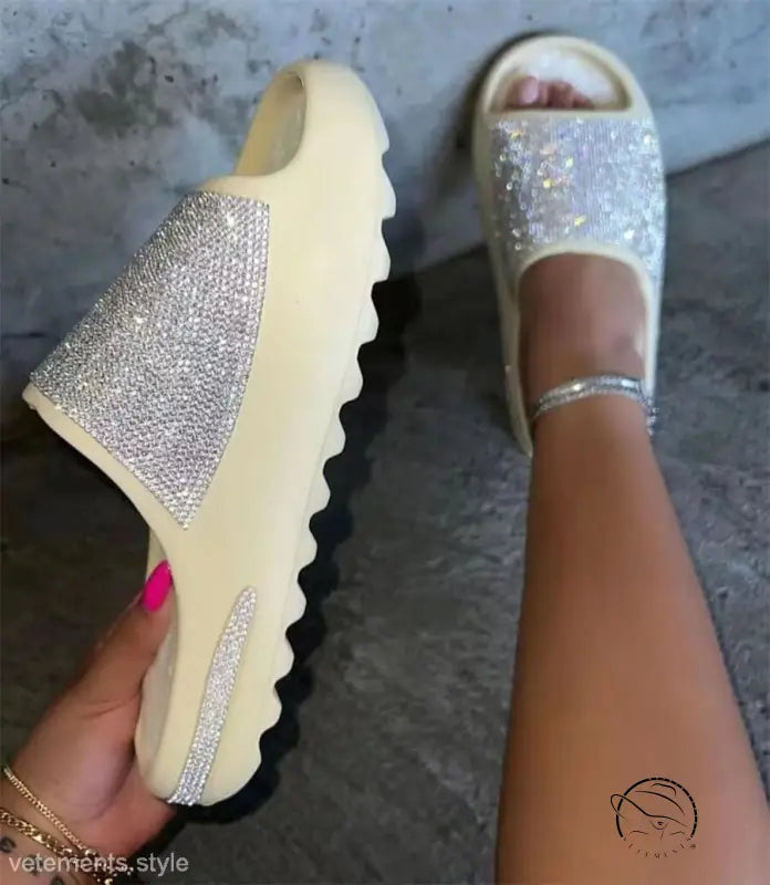 Sparkly cream sneaker and glittery silver sandal with stylish slippers, free shipping