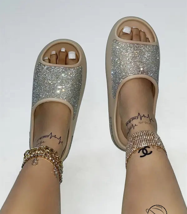 Sparkly silver stylish slippers with rhinestones, free shipping