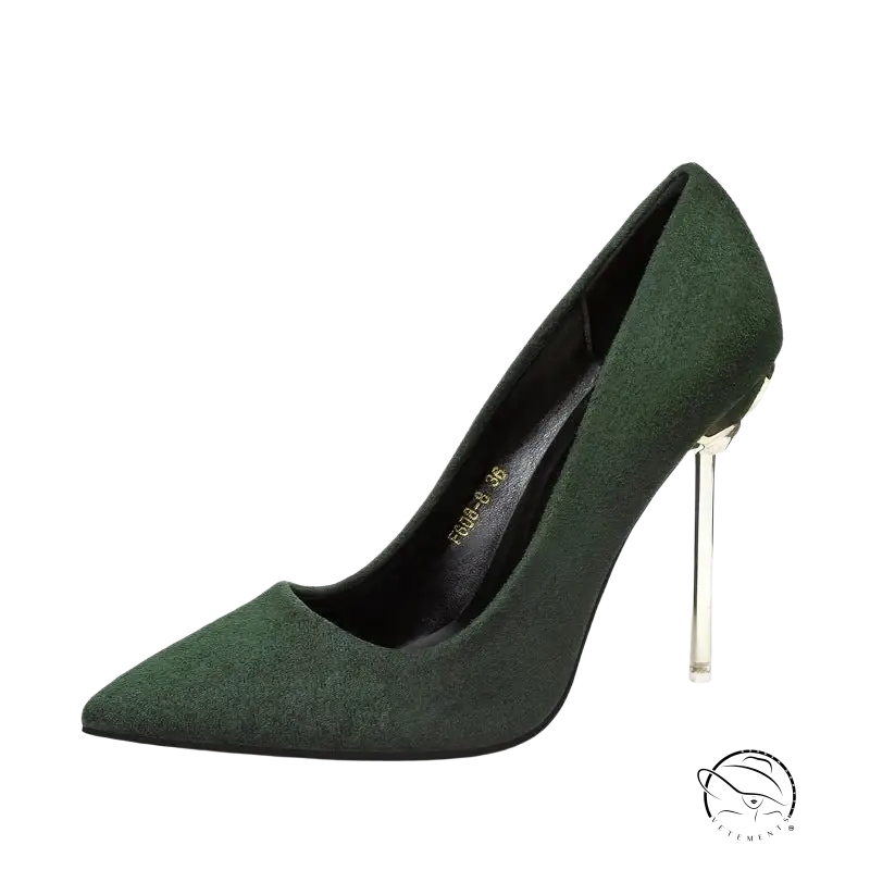 Dark green suede stiletto high heel fairy shoes, 8cm transparent heel