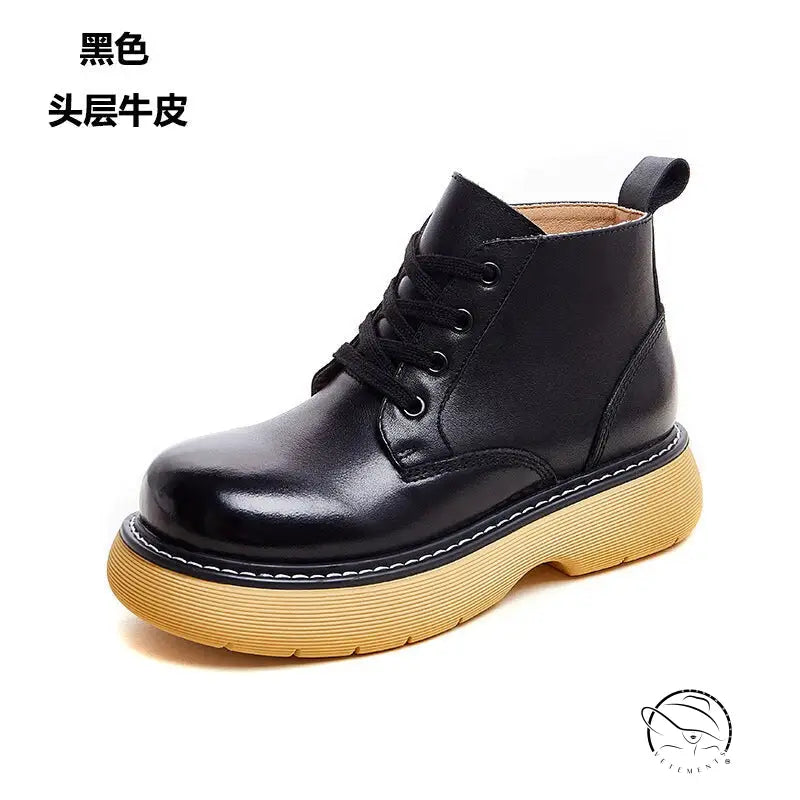 Stylish thick-sole leather ankle boots with yellow sole and lace-up front