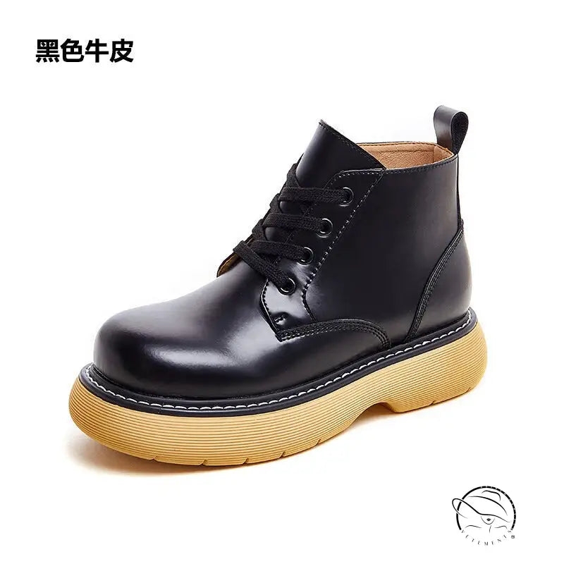 Stylish thick-sole leather boots in black with yellow sole and lace-up front