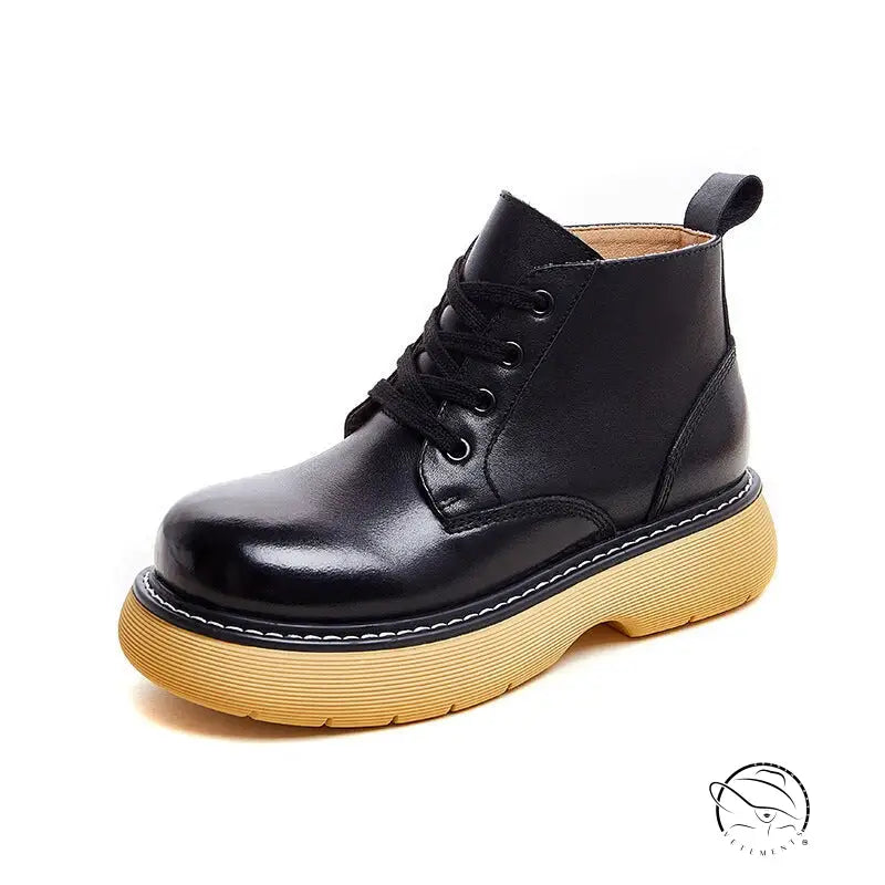Stylish thick-sole leather boots in black with chunky yellow sole