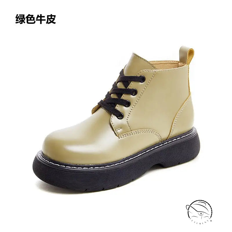 Green stylish thick-sole leather ankle boot with black laces