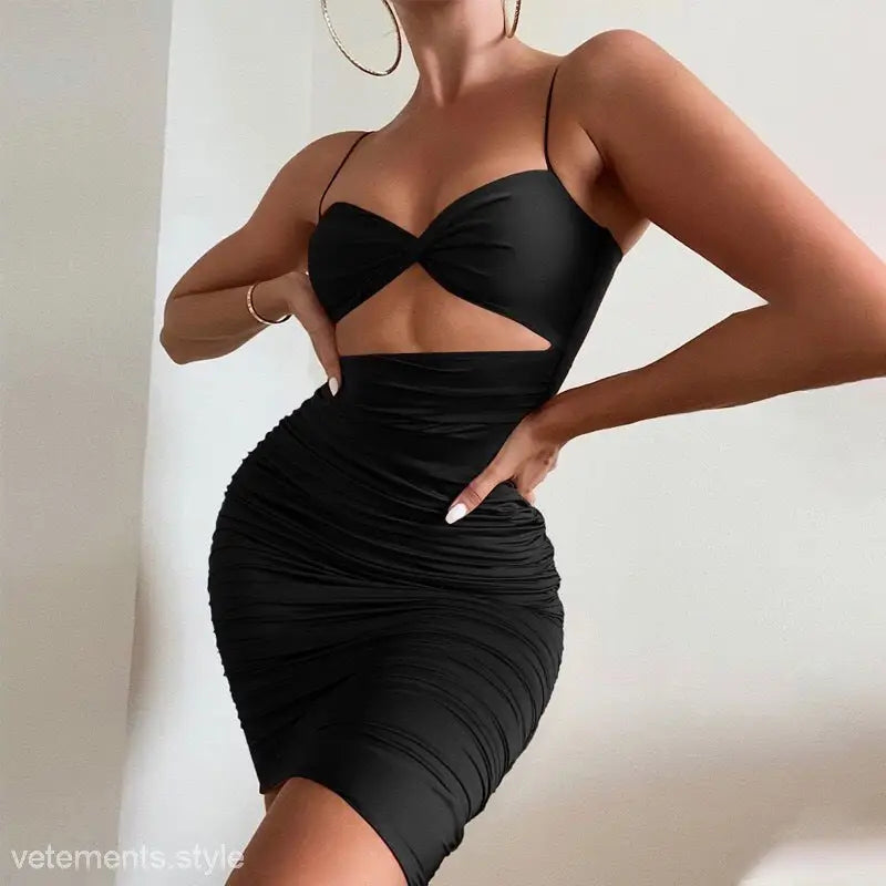Black cutout mini dress from Summer Camisole Slim Dress collection, stylish camisole slim design