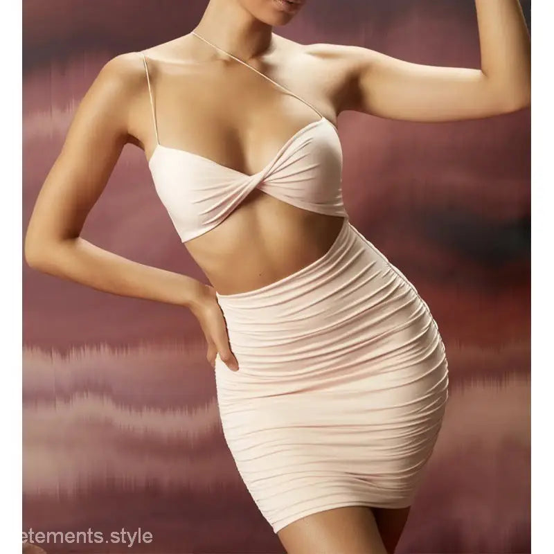 Beige Summer Camisole Slim Dress with Cutout and Ruched Design for elegant summer wear