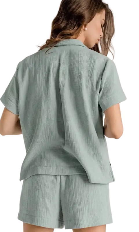 Light green textured summer cotton French pajama set with shorts