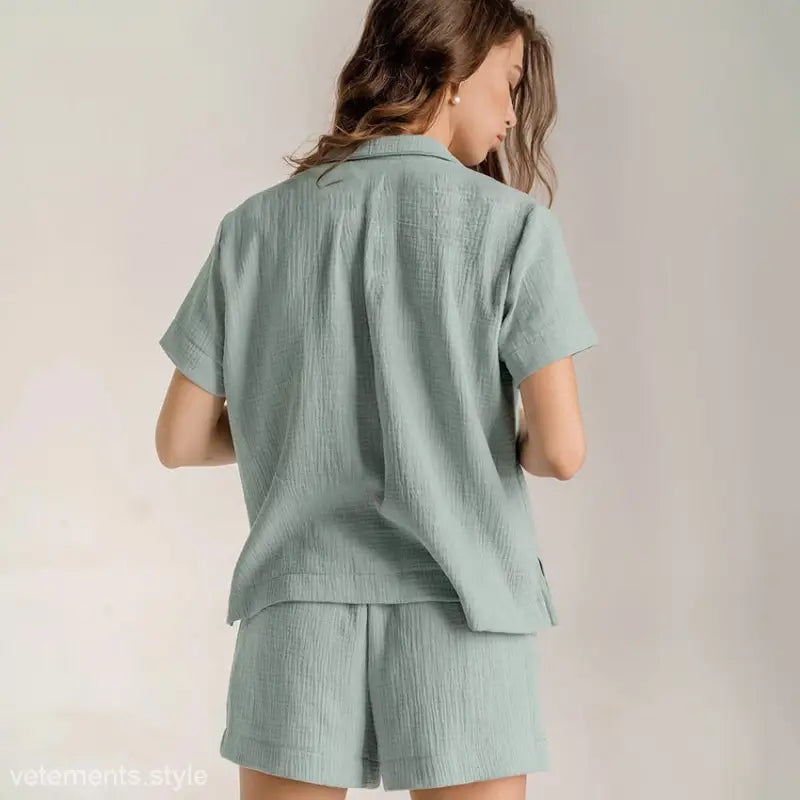 Light green textured summer cotton French pajamas set with short sleeves and bottoms