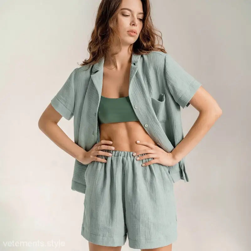 Light green summer cotton French pajamas with short sleeves and bottoms