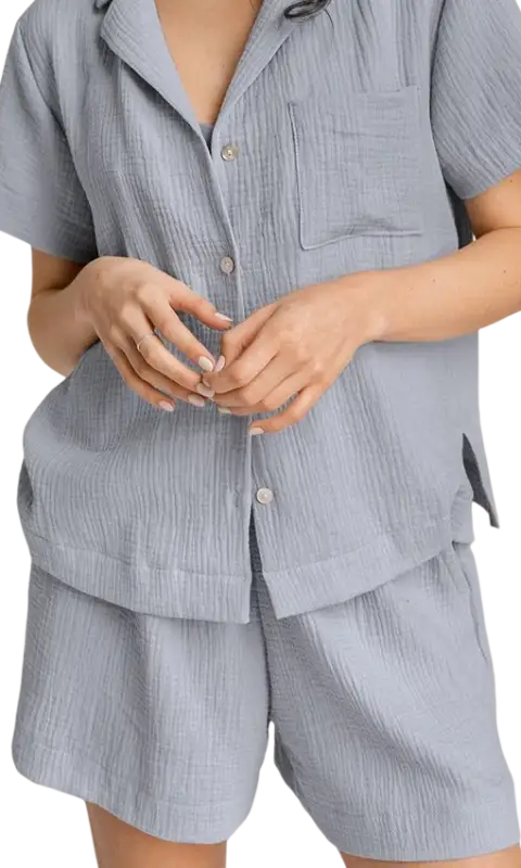 Light blue summer cotton French pajamas set with short sleeves
