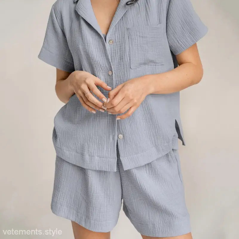 Light blue cotton French pajamas set with short sleeves and bottoms for summer comfort
