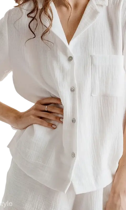 White summer cotton French pajama set with short sleeves and bottoms