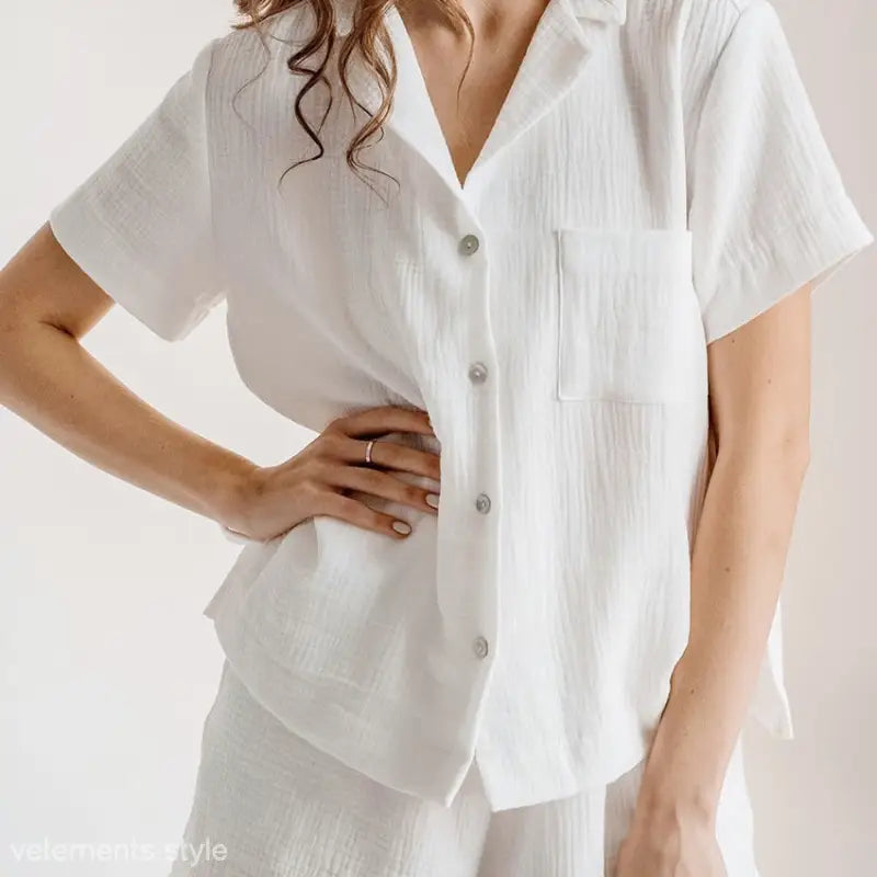 White cotton French pajamas set with short sleeves and bottoms, ideal for summer cotton linen comfort
