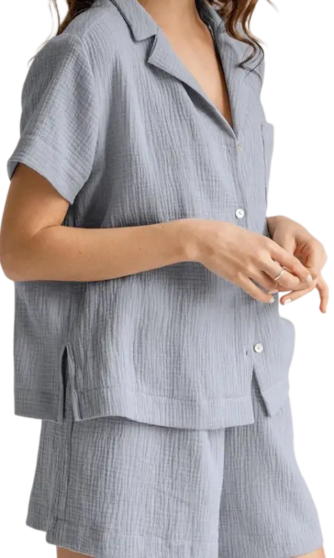 Blue textured summer cotton French pajama set with short sleeves and bottoms