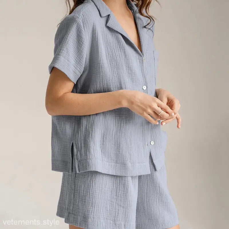 Blue textured summer cotton French pajamas set with short sleeves and bottoms