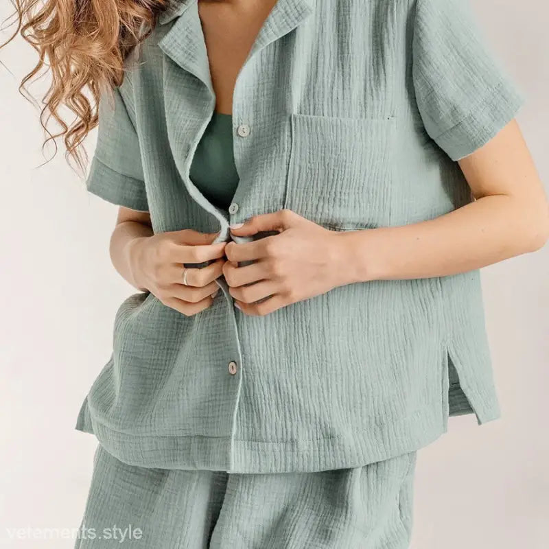 Light green cotton French pajamas set with short sleeves and bottoms for summer comfort