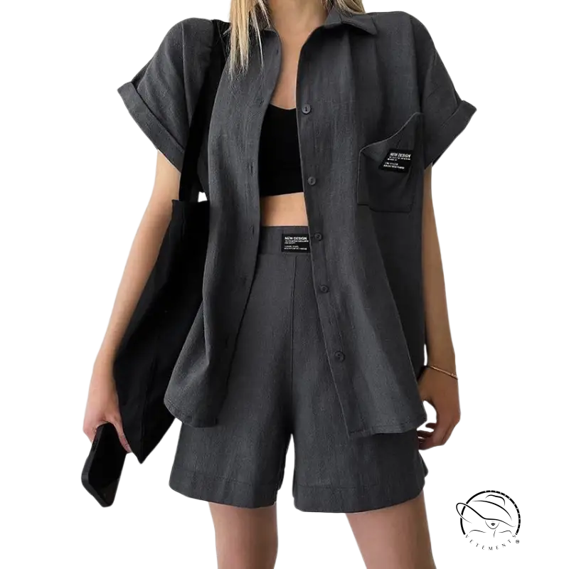 Gray linen shorts with black crop top in summer cotton linen casual holiday set