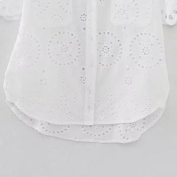 White eyelet shirt from the Summer Embroidered Shirt with Pocket and Short Sleeves collection