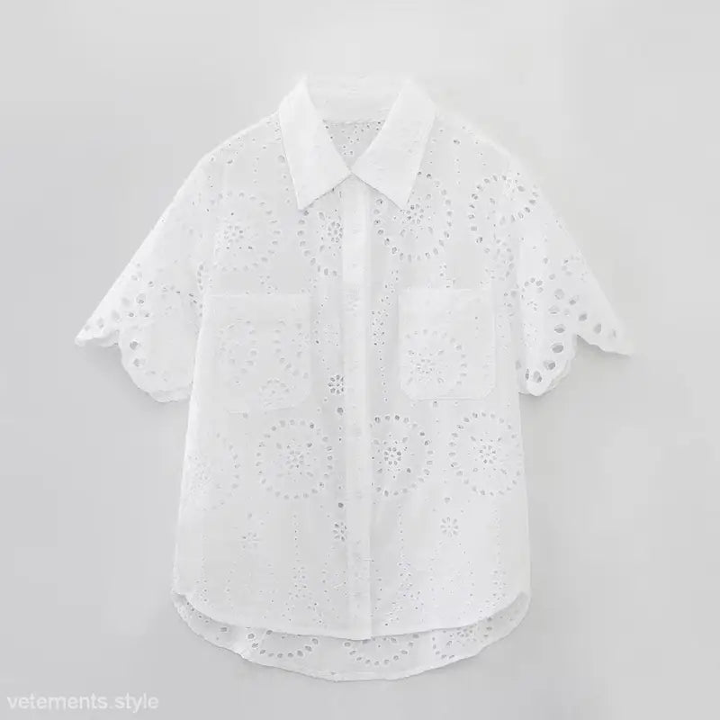 White eyelet short-sleeved shirt from Summer Embroidered Shirt with Pocket and Short Sleeves