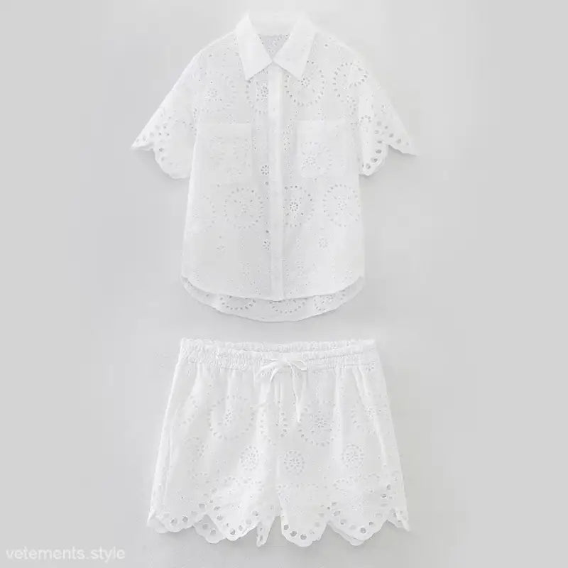 White eyelet shirt and shorts set from Summer Embroidered Shirt with Pocket and Short Sleeves, perfect for a stylish embroidered shirt shorts look