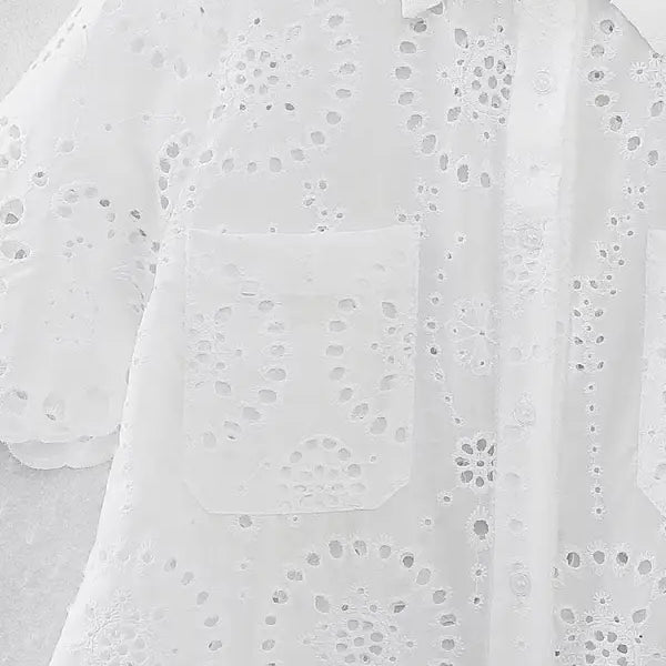 White eyelet summer embroidered shirt with pockets, ideal for shirt shorts suit ensembles