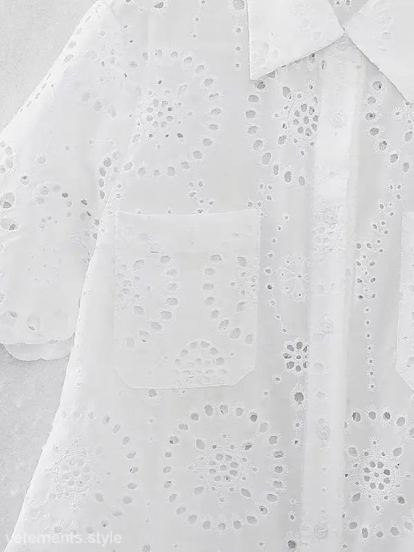 White eyelet summer embroidered shirt with pockets, ideal for shirt shorts suit ensembles