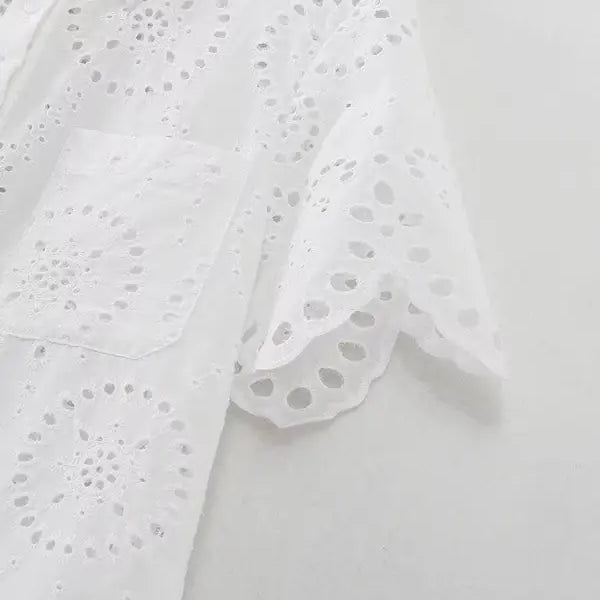 White eyelet short-sleeved shirt from Summer Embroidered Shirt with Pocket and Short Sleeves