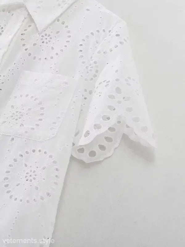 White eyelet short-sleeved shirt from Summer Embroidered Shirt with Pocket and Short Sleeves