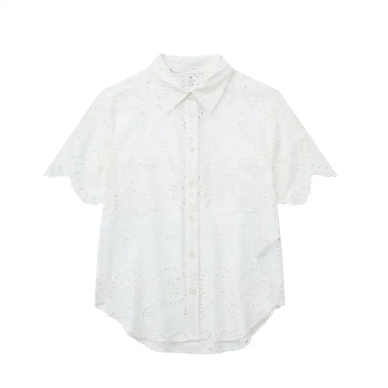White eyelet short-sleeved blouse from Summer Embroidered Shirt with Pocket and Short Sleeves