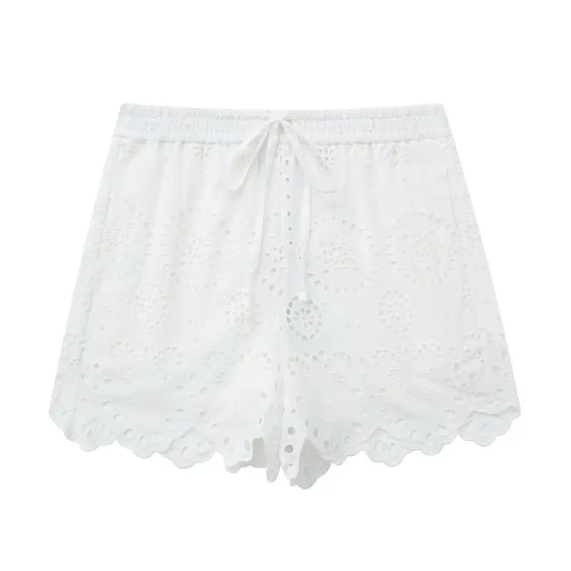 White eyelet shorts paired with Summer Embroidered Shirt with Pocket and Short Sleeves