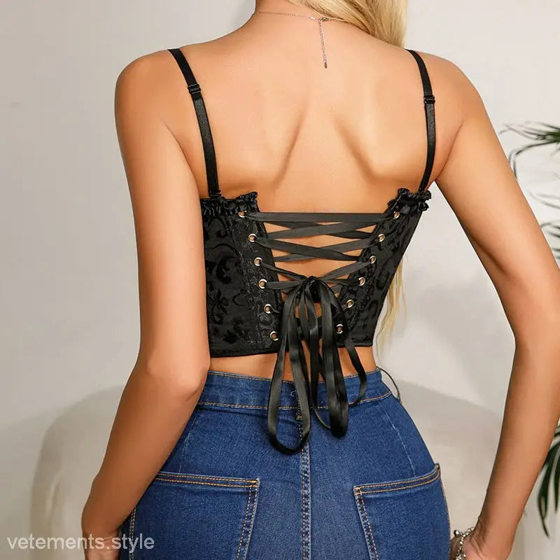 Black lace-up polyester camisole with jacquard strap design and strap design corset style