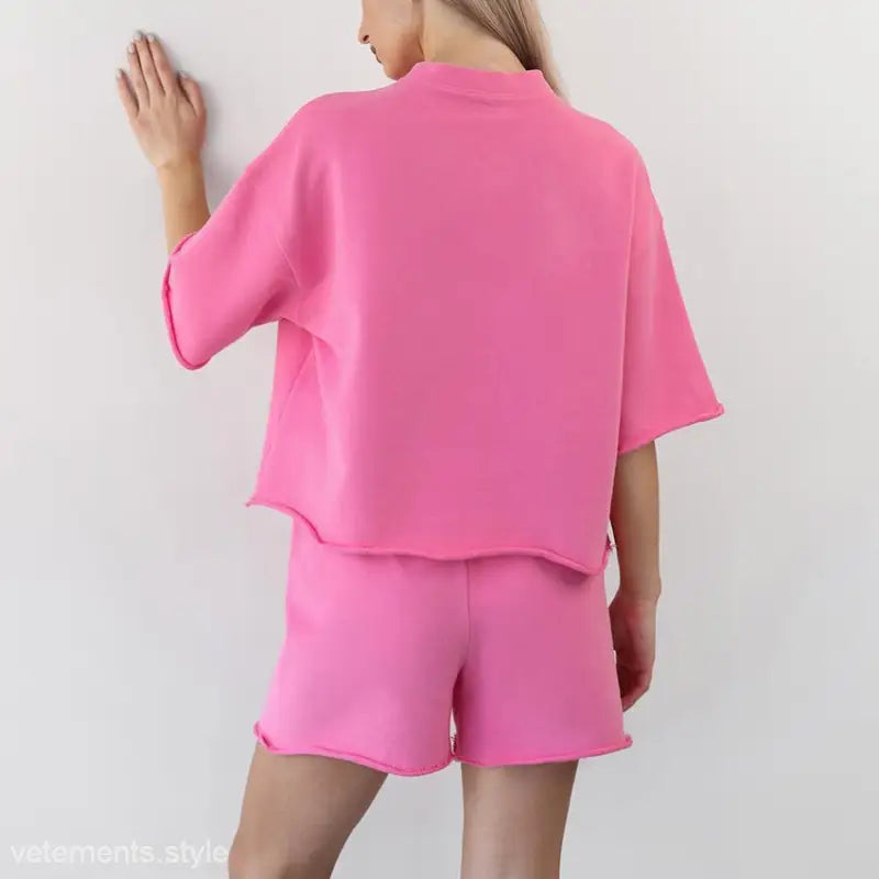 Pink summer loose fit top and shorts set showcasing a relaxed lounge style