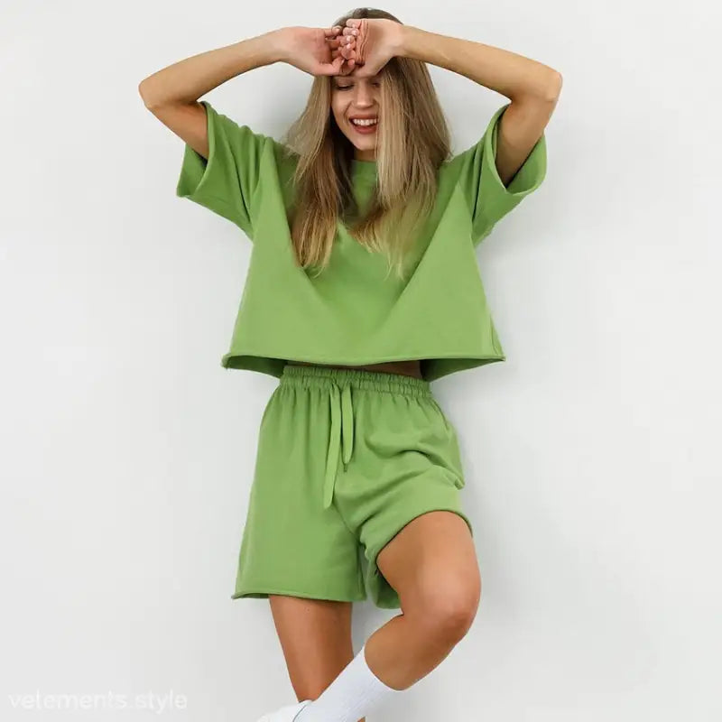 Matching green summer loose fit top and shorts set for stylish, comfortable wear
