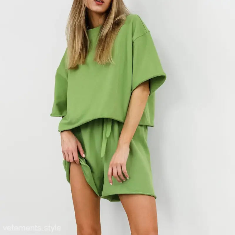 Green oversized lounge set featuring a Summer Loose Fit Top and Shorts Set