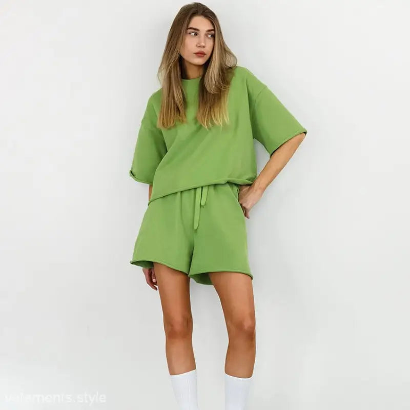 Green lounge set showcasing a Summer Loose Fit Top and Shorts Set for ultimate comfort